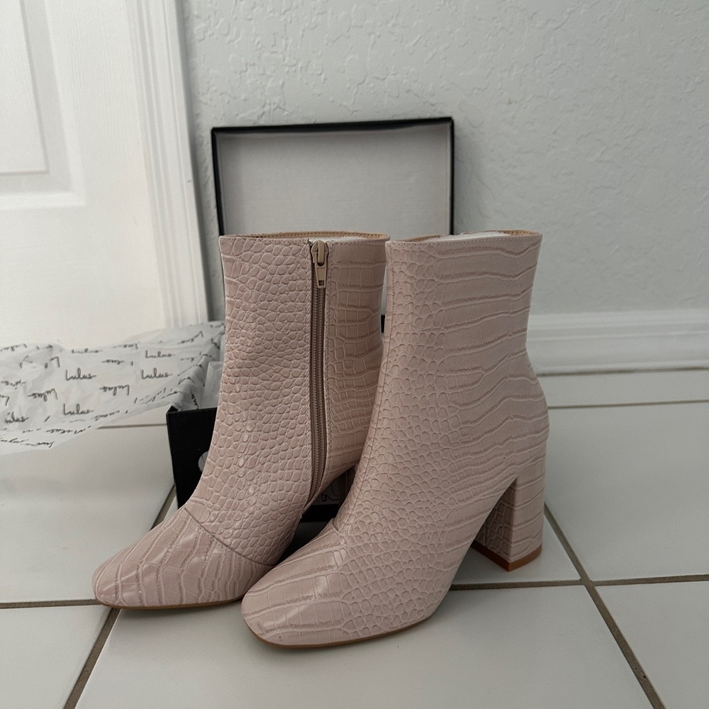 Lulus Off White Croc Bootie Heels